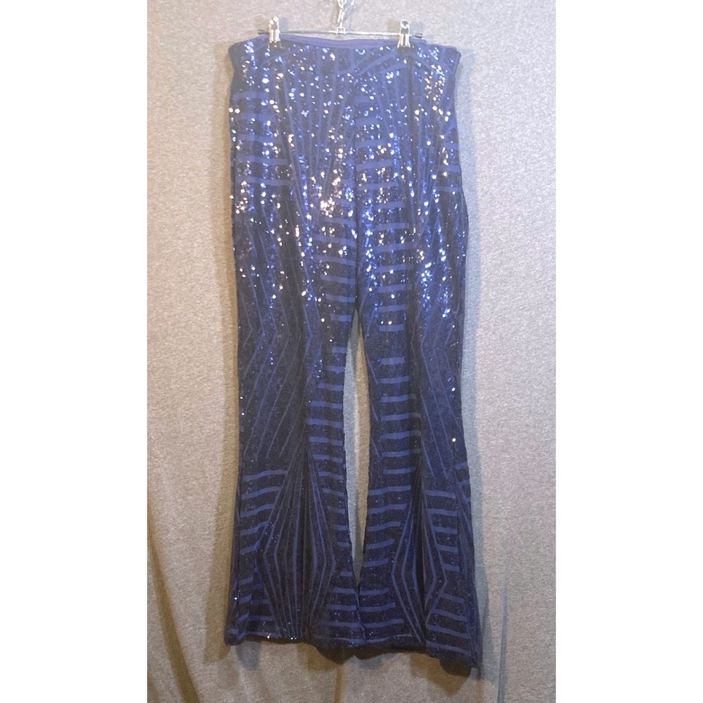 Sparkling Sequin Bell Bottom Pants Navy‎ Blue Geometric Art Deco Flared